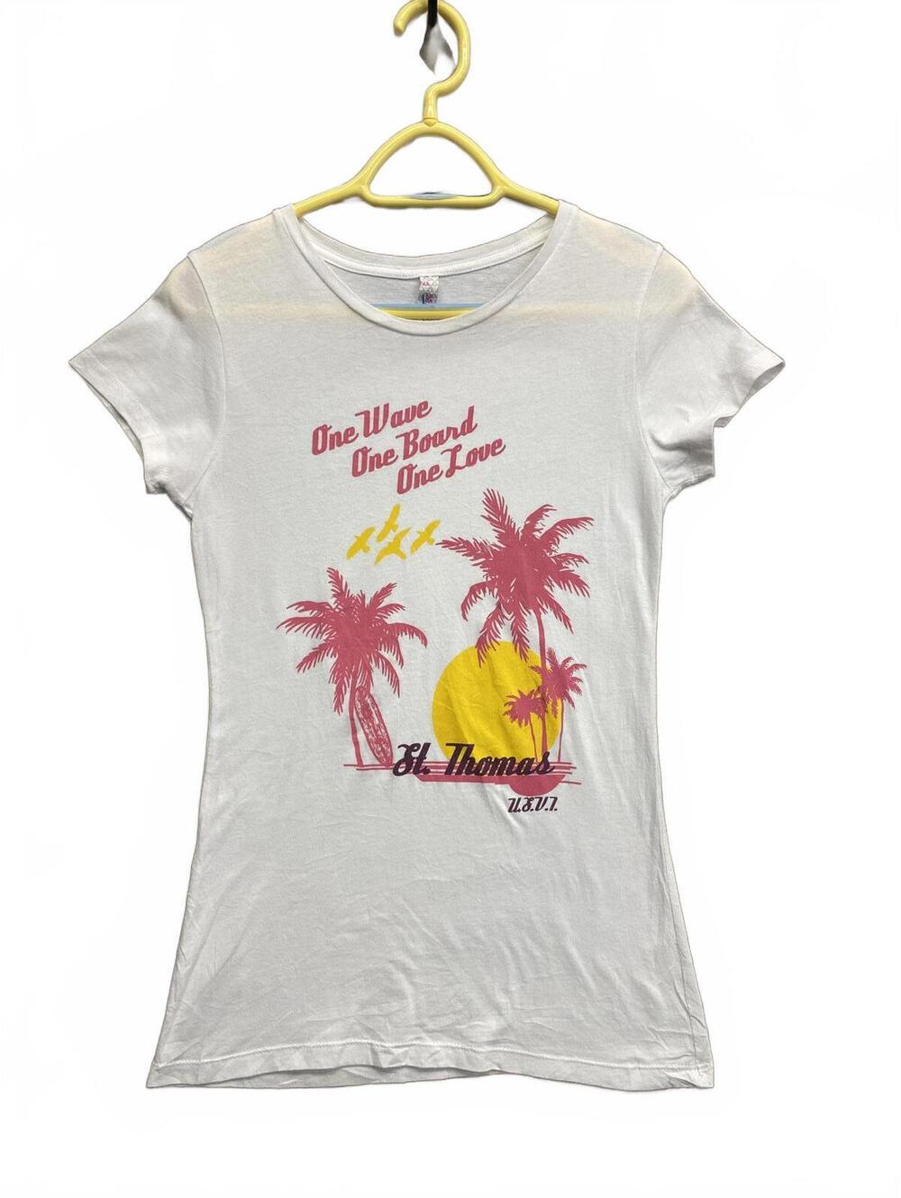 Vtg Y2K White Graphic Print Women's T-shirt St. Thomas Surfing Sz M Alstyle Tag